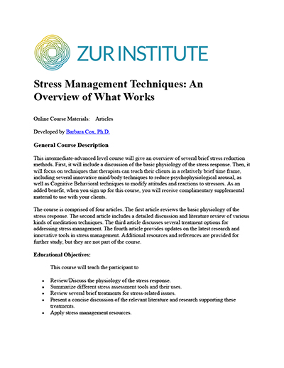 Zur Institute Stress Management Course for Therapists